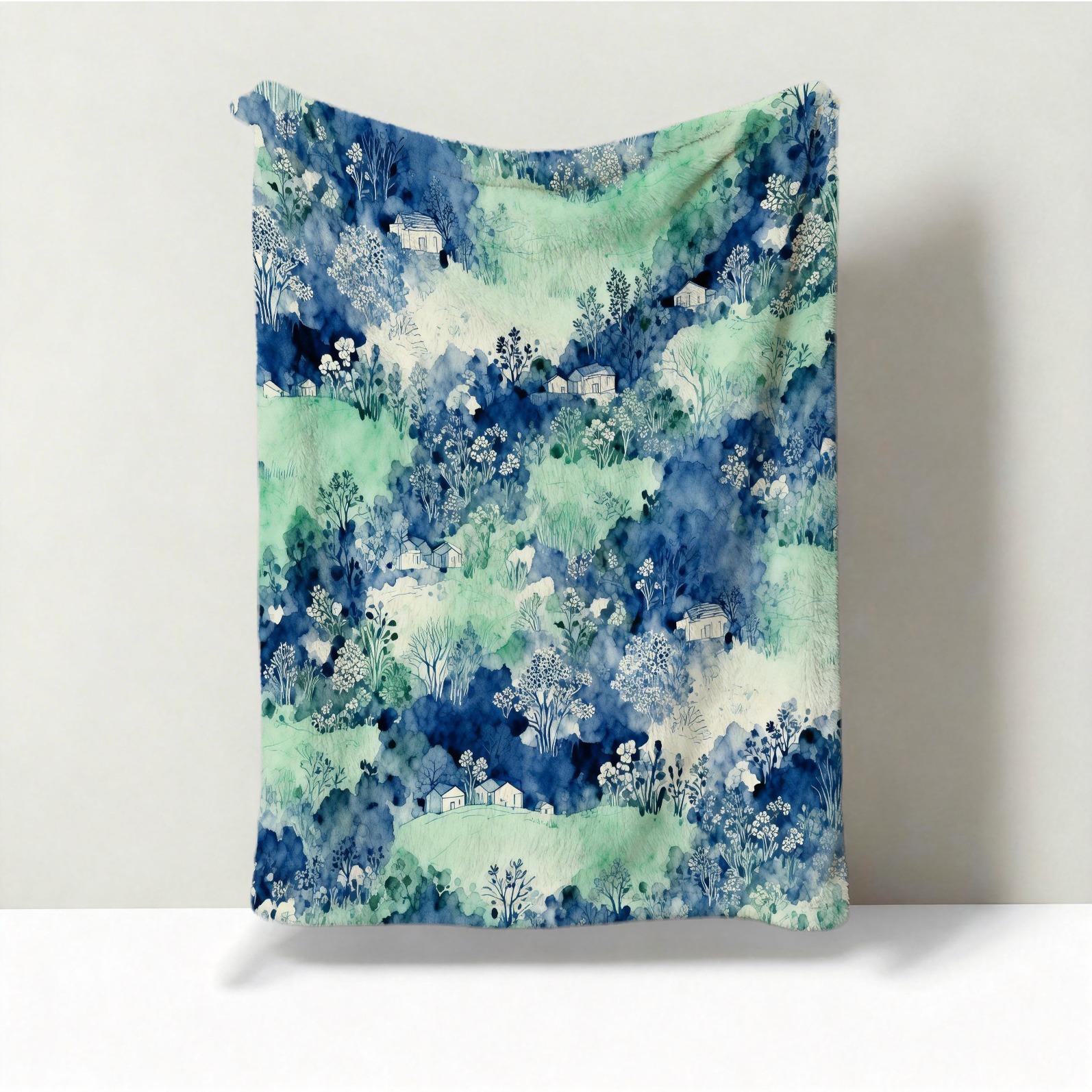 1 Piece Watercolor Landscape Checkered Blanket, HD Digital Single-Sided Printed Flannel Throw Blanket, Ultra Soft Cozy Blanket for Sofa, Bed and Travel, Aesthetic Decorative Gift Blanket