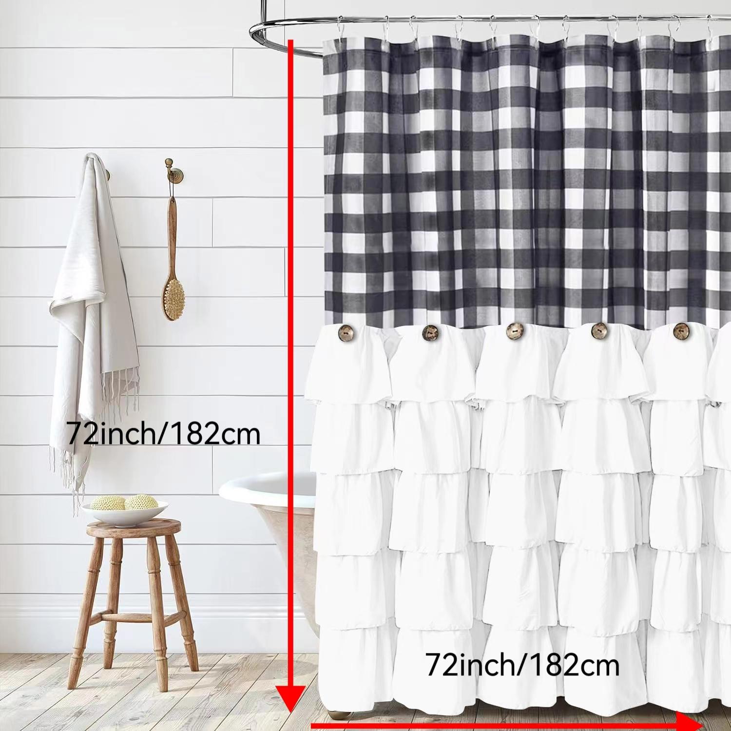 Ruffled Shower Curtain, 1 Count Plaid Pattern Bath Curtain with Button Accent, Lightweight Quick-dry Polyester Curtain for Bathroom Decor, Bathroom Decoration Accessories