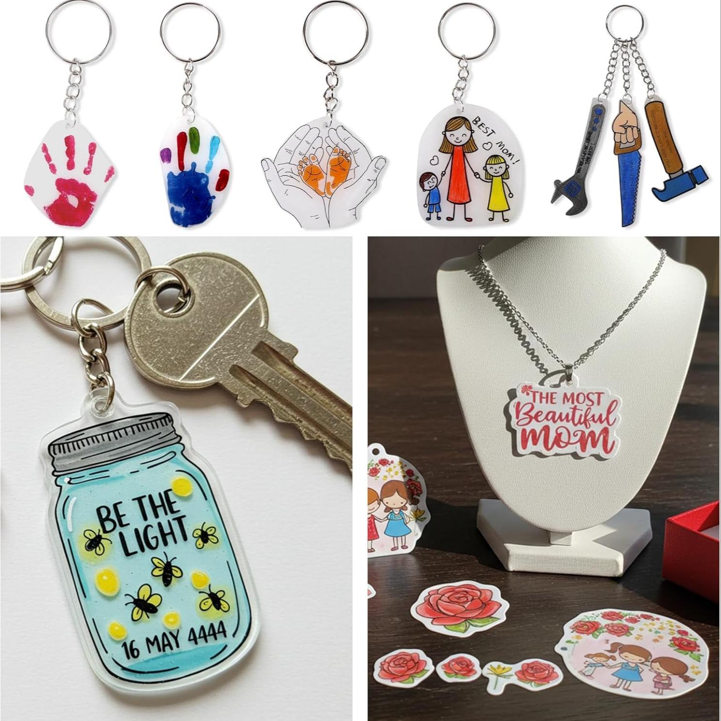 184pcs/200pcs Shrink Plastic Sheet Kit with Shrink Paper Keychain Set, 176pcs Keychains and Open Iron Rings, Handmade Keychain, Christmas Gift