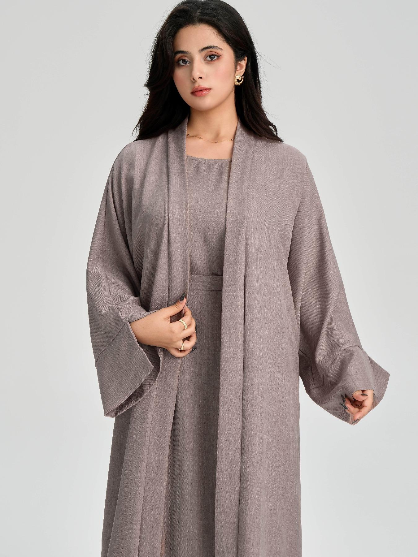 Women's Solid Color Belted Abaya & Dress Two-piece Set, Casual Long Sleeve Open Front Outerwear & Dress Set, Modest Muslim Outfits, Ladies Islamic Clothing for All Seasons
