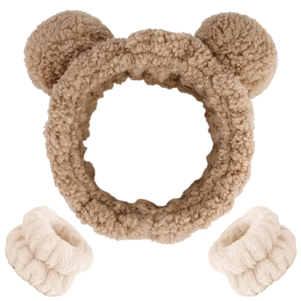 Ears Headband  Wash Headband and Wristband Set Skincare | Cute  Makeup Headbands Wrist Bands for Washing  Elastic for Women Girls  (Khaki)