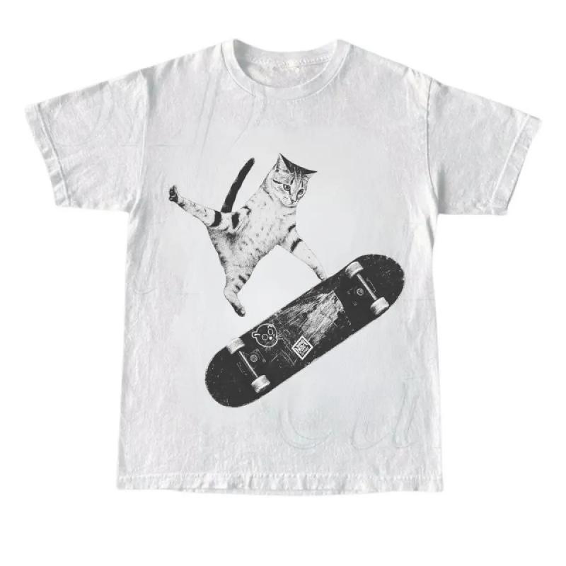 Women's Vintage Emo Skater Cat Graphic Short-Sleeve T-Shirt, Natural Spandex Seamless Casual Crewneck, Fantasy Kitten Cute Love Cat Meme Shirt, Unisex Streetwear (M-5XL)