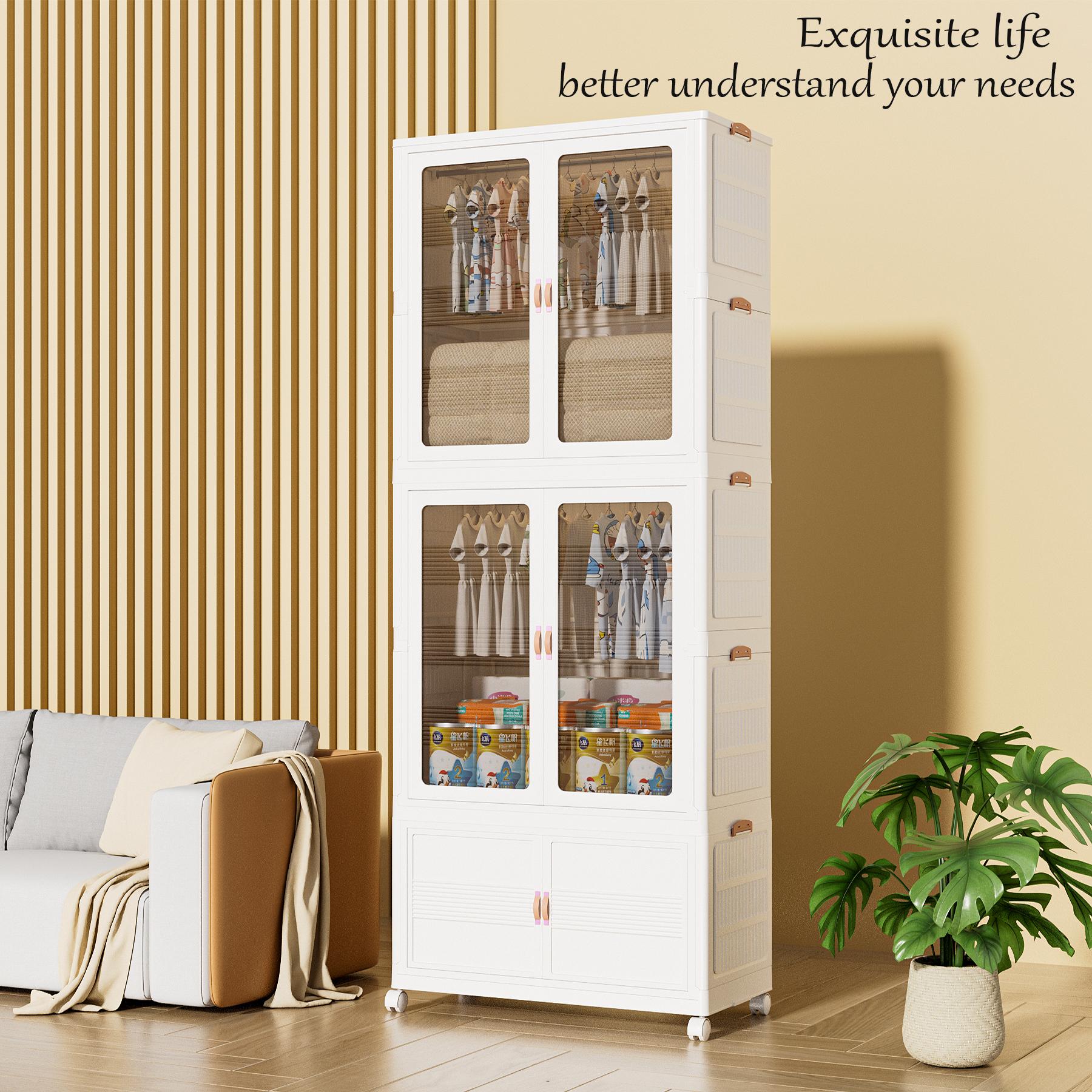 Aesthetic Stackable Storage Bins with Wheels – Folding Plastic Organizer Cabinet with Magnetic Door for Closet Organization, Kitchen & Dorm