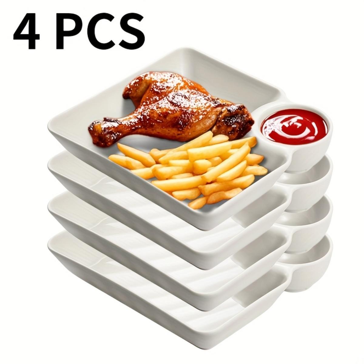 4PCS Multi-Purpose Divided Serving Plate Set, Plastic Snack Trays with Separate Dip Sauce Section, Perfect for Appetizers, Fried Chicken, Fries, Sushi, Dumplings and Desserts, Crack-Resistant, Microwave and Dishwasher Safe, Kitchen Restaurant Dorm