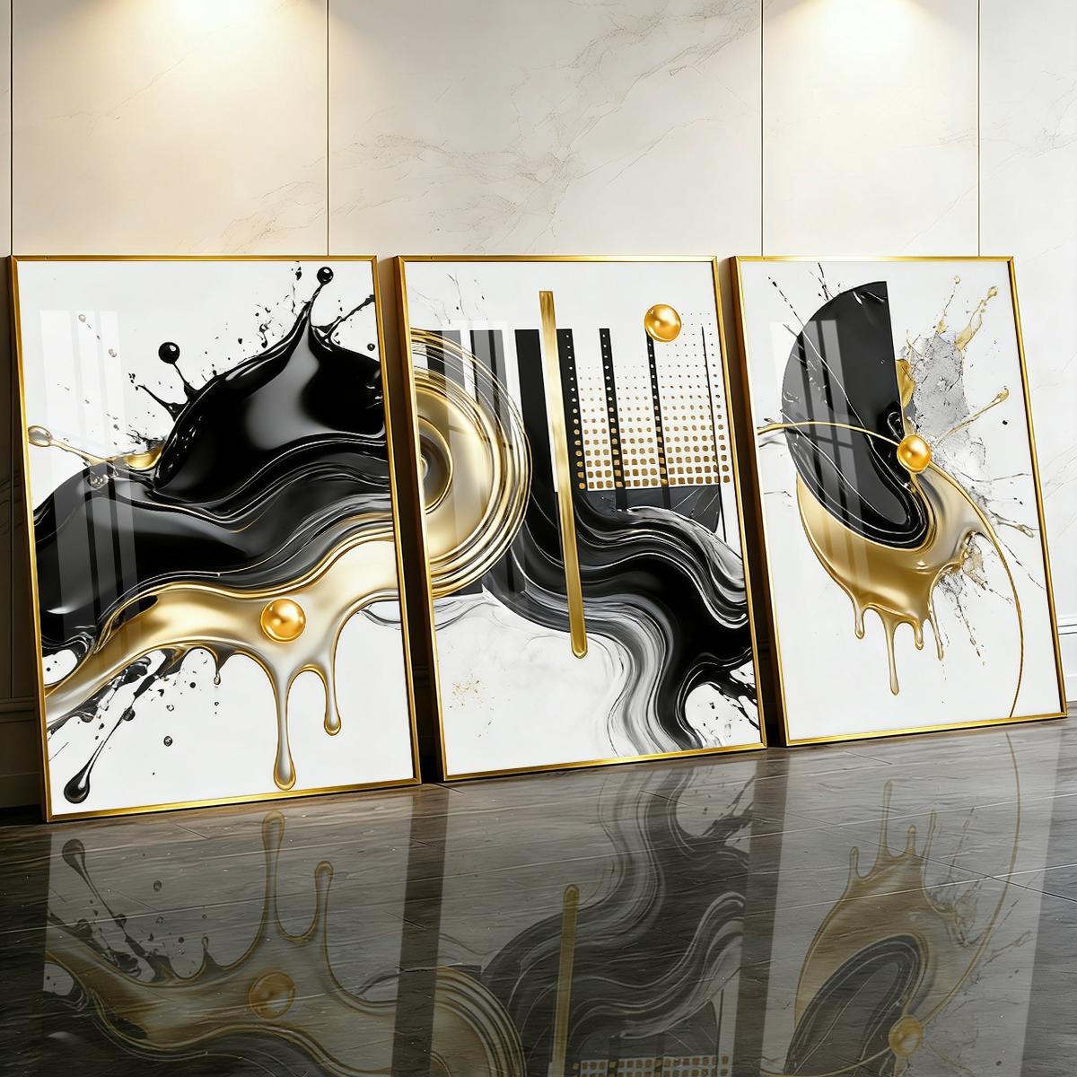 3 Counts Aluminum Alloy Framed Painting, Abstract Black And Gold Fluid Art Pictures, Home Decoration For Living Room, Bedroom, Office, Restaurant, Hallway Wall Decor, Odorless Print Artwork, Luxury Perfect Gift For Friends And Family