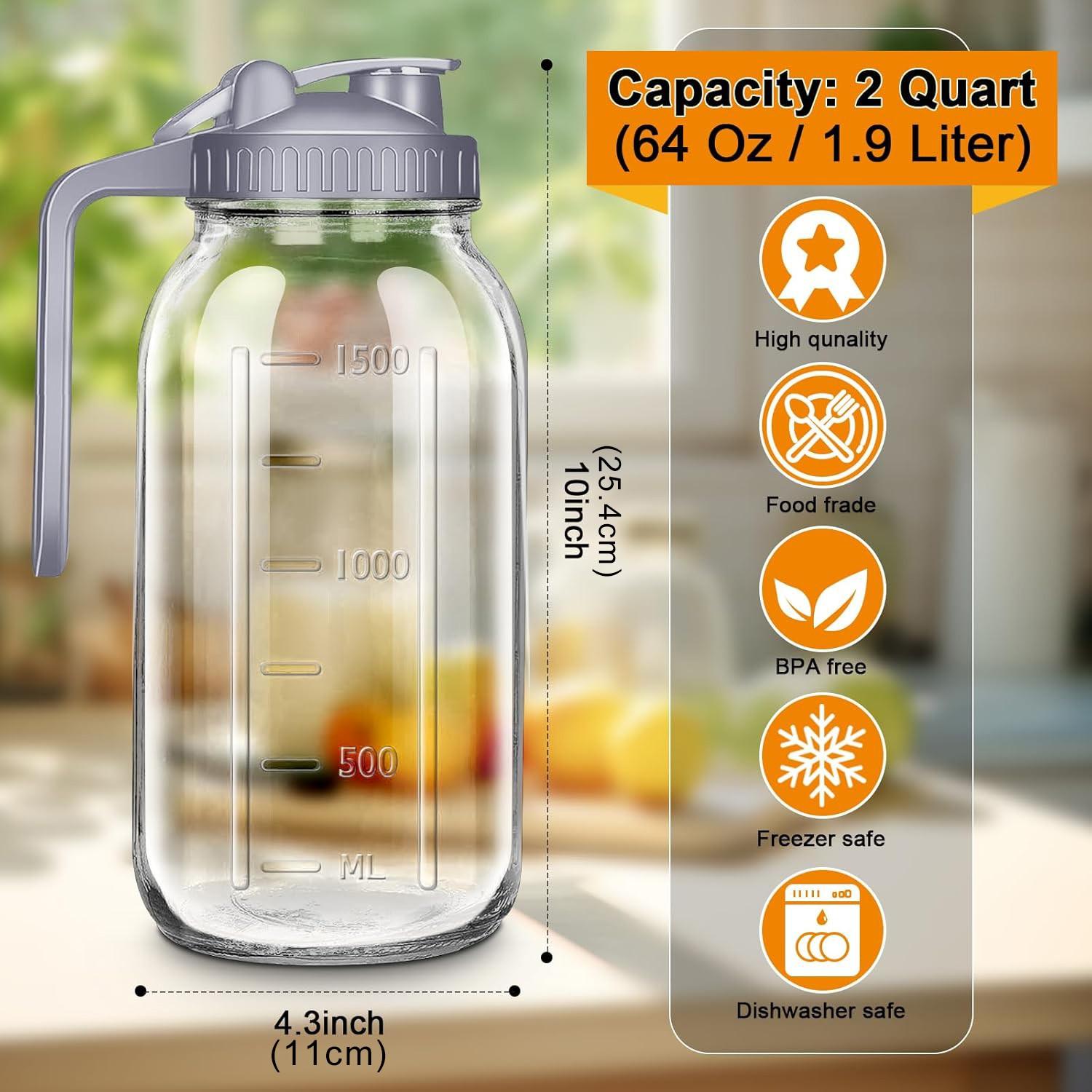 64oz Glass Water Jug with Lid, 2 Quart Mason Jar with Spout, Wide Mouth Breast Milk Bottle, Sun Tea Pot, Cold Brew Coffee Maker, Refrigerator Storage, Glass Pitcher, Tea Pitcher for Fridge