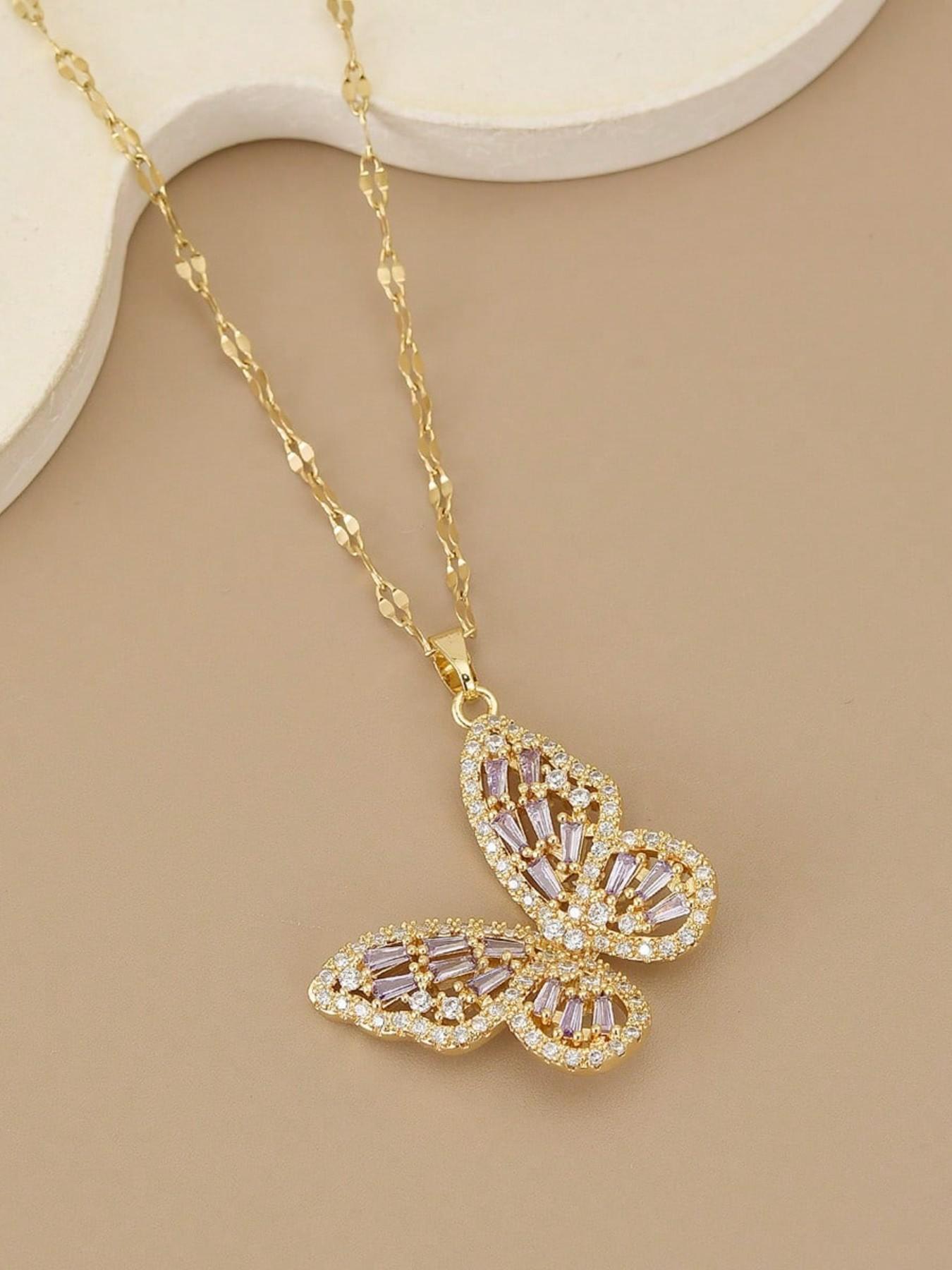 1pcs Golden Butterfly Necklace for Women, Dainty CZ Baguette Cut Butterfly Pendant Necklace, Sparkling Cubic Zirconia Butterfly Choker, Trendy Jewelry Gift for Mother's Day, Birthday, Anniversary