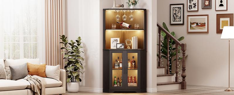 BROTTAR Corner Bar Cabinet with LED Lights, 65" Tall Wine Cabinet with Glass Holder & Tempered Glass Door, 4-Tier Liquor Alcohol Cabinet & Coffee Bar with Human Body Sensor for Dining Room, Black