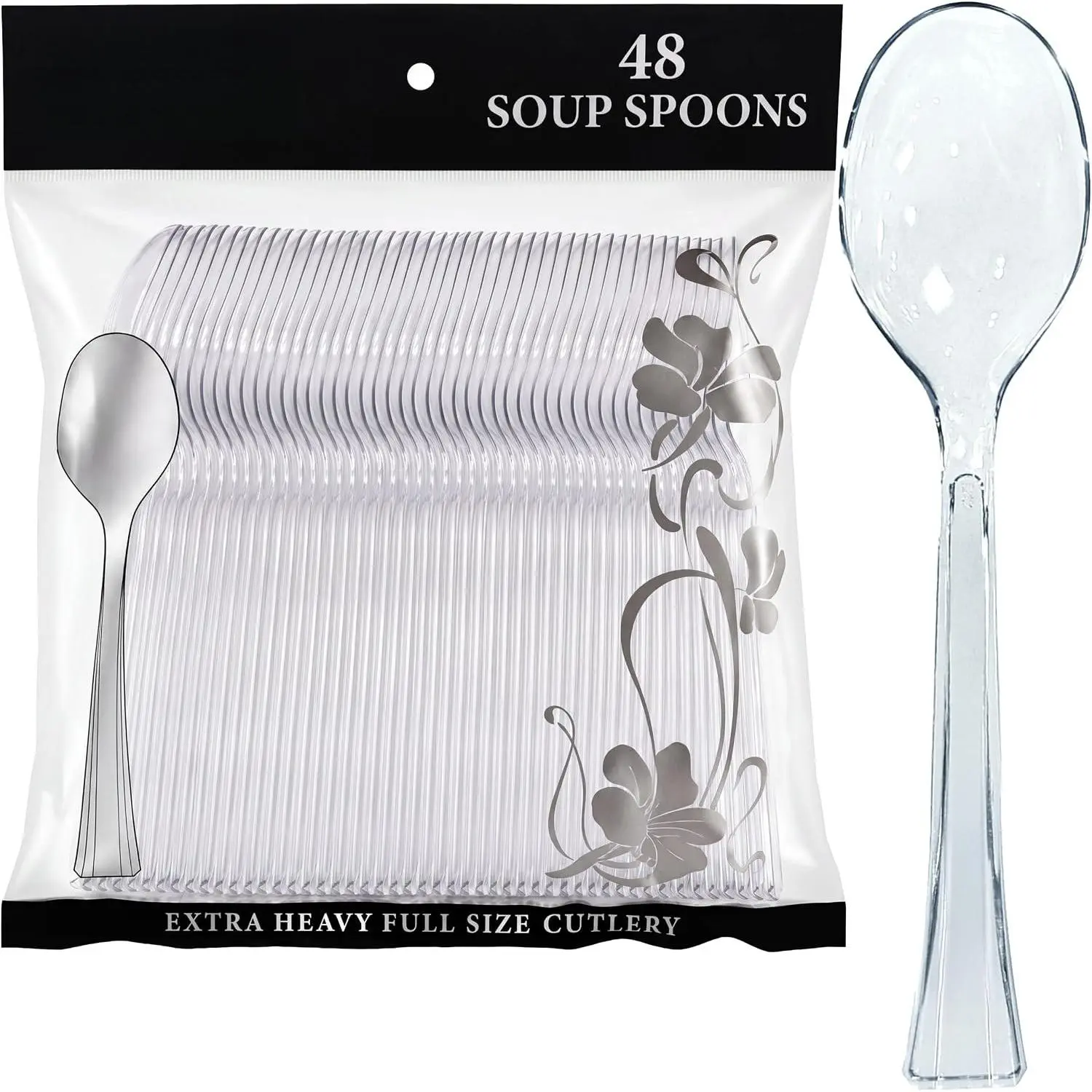 Traditional Extra-Heavy Weight Plastic Soup Spoons, 48-Piece Disposable Kitchenware Cutlery for Serving
