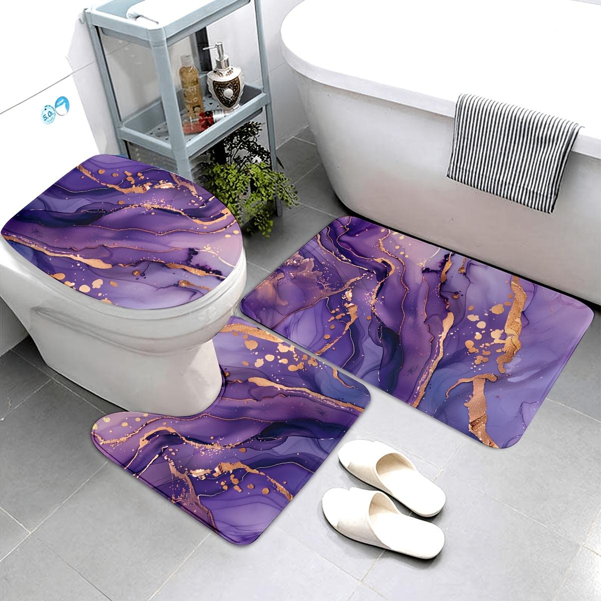 3pcs Purple Marble & Golden Flannel Bathroom Mat Set - Non-Slip, Soft, 100% Polyester, Modern Design - Includes U-Shaped Toilet Mat, Toilet Lid Cover & Rectangular Rug - Stylish Home Decor Accessories, Bathroom Deco