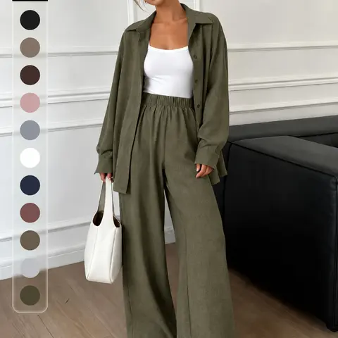 | 2-Piece Set | DreamyLounge Women’s Textured Linen-Look Lounge Set, Oversized Button Down Shirt and Wide Leg Pants Matching Set for Travel, Homewear, Resort, Coffee Run and Everyday Comfort Clothes