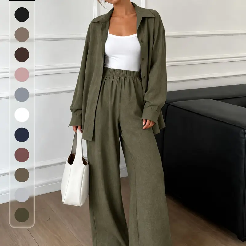 | 2-Piece Set | DreamyLounge Women’s Textured Linen-Look Lounge Set, Oversized Button Down Shirt and Wide Leg Pants Matching Set for Travel, Homewear, Resort, Coffee Run and Everyday Comfort Clothes