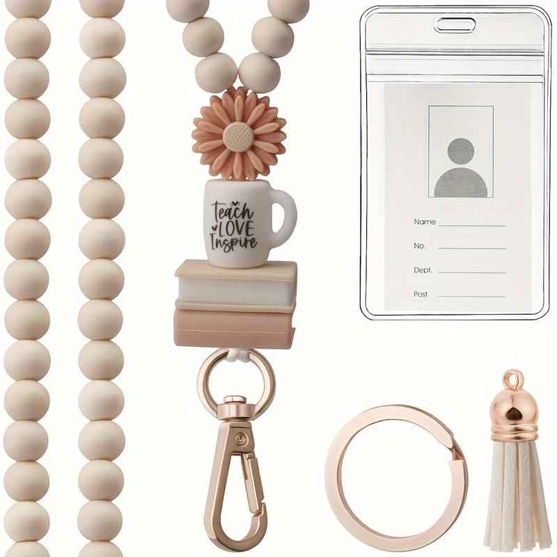 Teacher neck detachable hanging rope, suitable for ID cards, badges, keys, keychains, cute wooden beads with daisies and silicone cups, an excellent gift for ladies, teachers, workers, doctors, and nurses