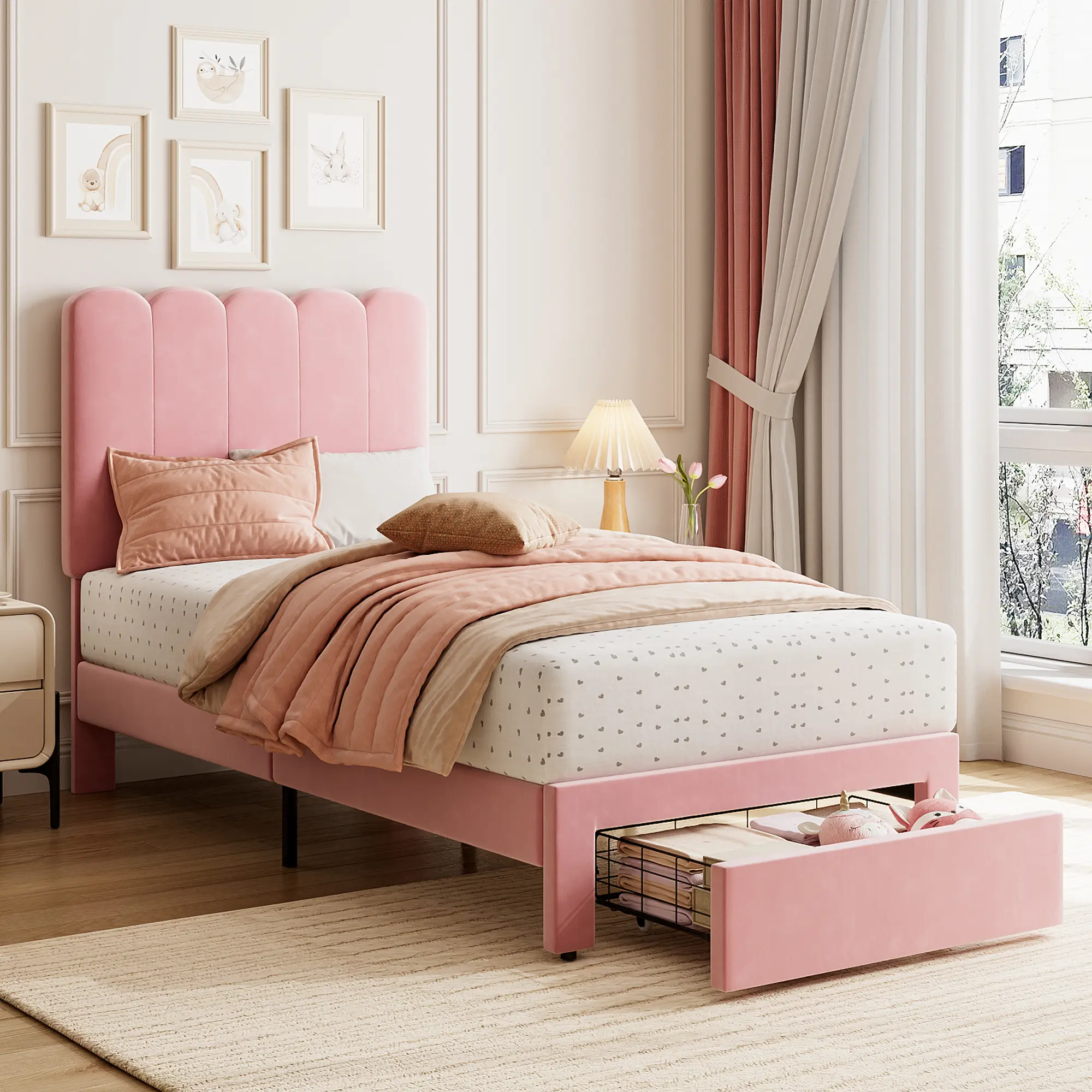 Bed Frame, Platform Bed with Headboard & Drawer for Upholstered Bed Frame, Easy Assembly, Wooden Slats Support, No Box Spring Needed