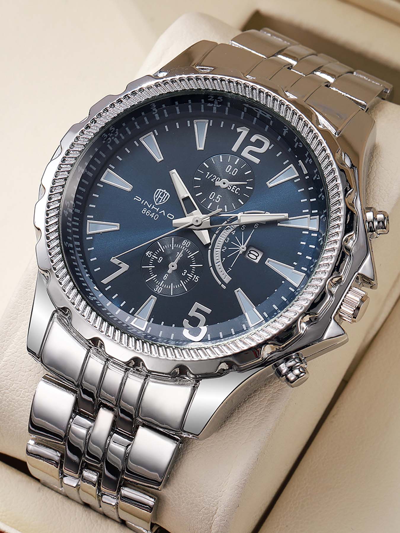 Men's Omega Business Large Dial Steel Band Multi-Function Digital Calendar Quartz Watch