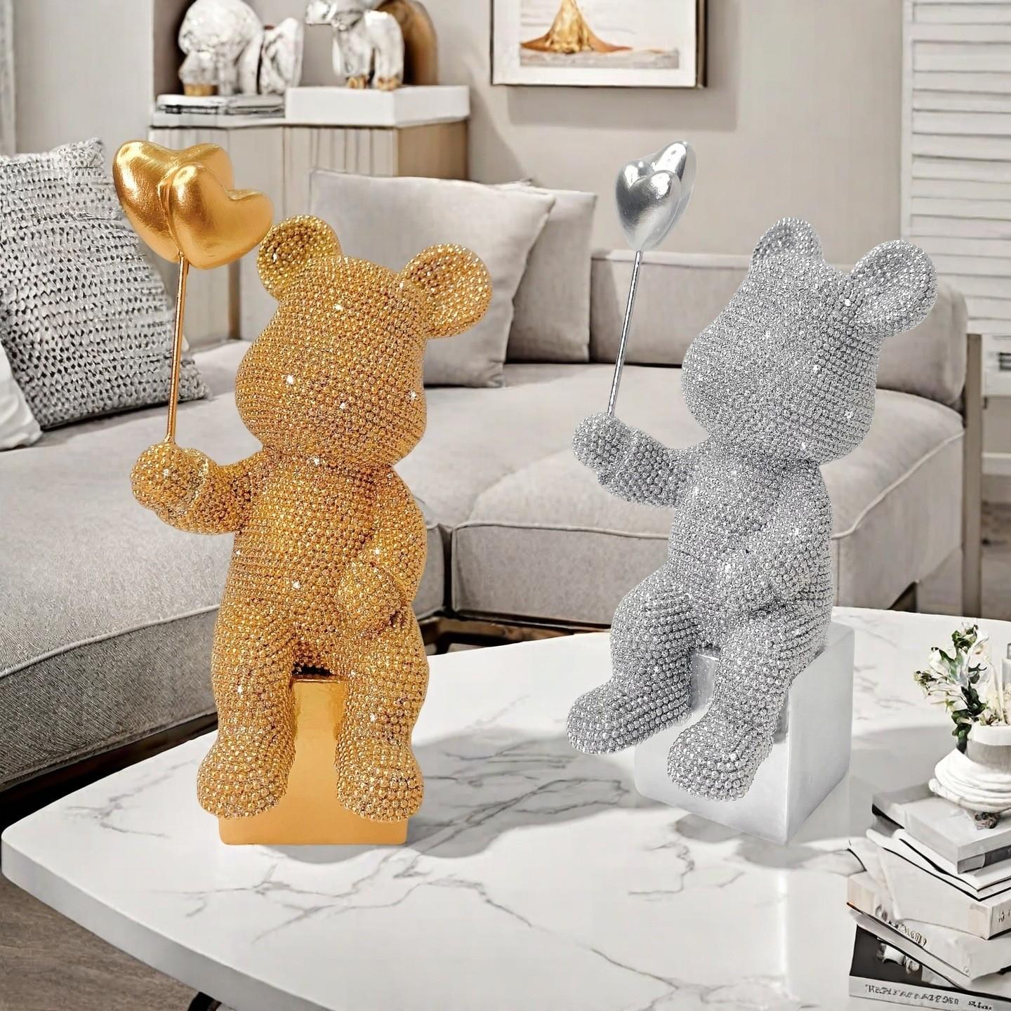 Resin Balloon Sculpture Bear Decor, Heart Design Bead Ornament, Ideal for Home Office Living Room Bedroom Gift, Unique Decoration Piece