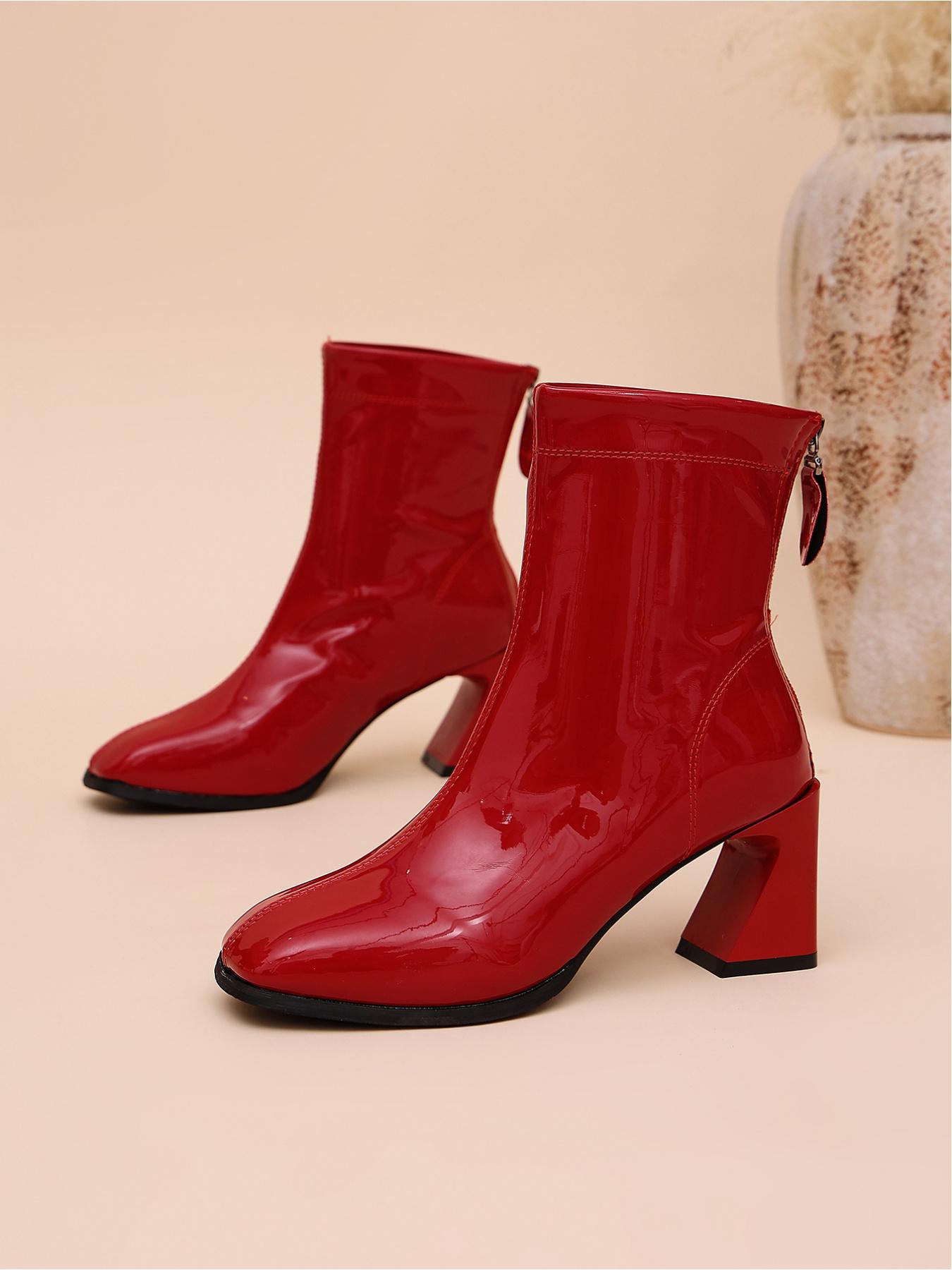 Women Gloss Patent Leather Ankle Booties Soft Stretch Shaft Round Toe Special Shaped Chunky Heel Back Zipper Slim Fit High Heel Short Boots For Night Club Party Outfit