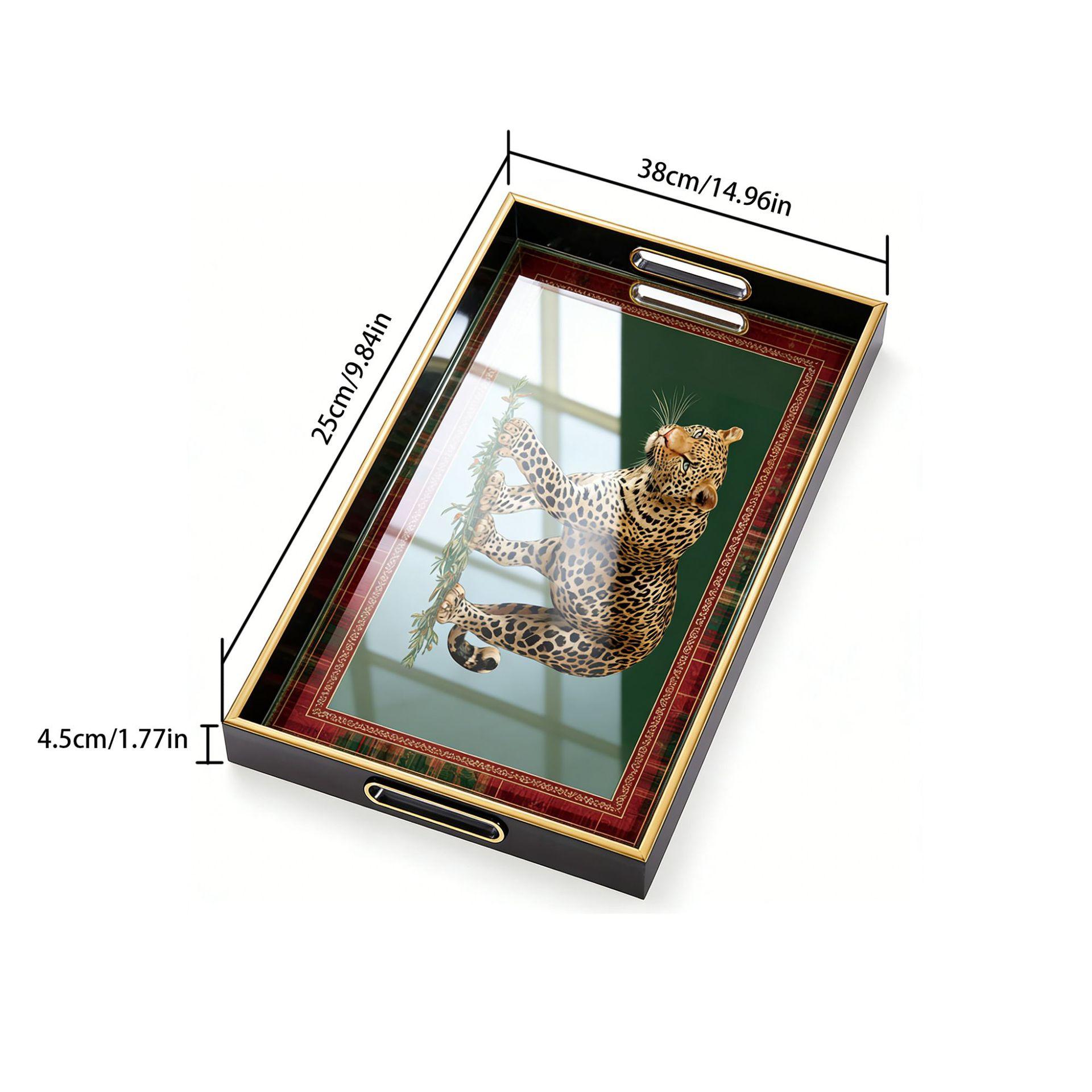 American Style Luxury Retro Leopard Print Tray, Rectangular Tea Tray with Handles, Living Room Decor Storage Dish, Elegant Home Accessory