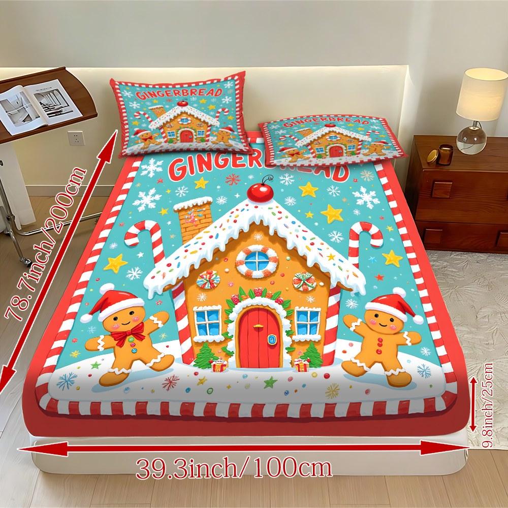 Fitted Sheet 3-Piece Set 2D Flat Gingerbread Man Pattern Mattress Cover (1 fitted sheet + 2 pillowcases, no insert), stylish, soft, and comfortable sheets, skin-friendly and breathable bedding, suitable for family bedrooms and guest rooms, all year round.