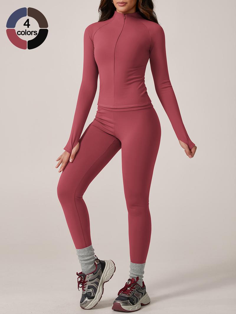 Women's Fleece Lined Sportswear Set, Yoga Clothes Set, Yoga with Stand Collar Zipper Thumb Hole Long Sleeve Top High Waist Tight Pants