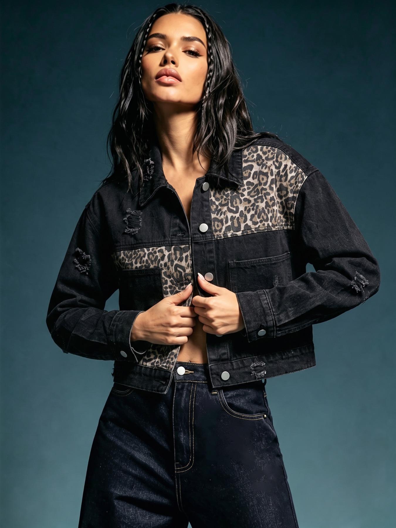 Women's Leopard Print Denim Jacket, Vintage Millennial Street Style, Loose Fit, Baggy, Long Sleeve, Button Closure, Casual Outerwear, Coats