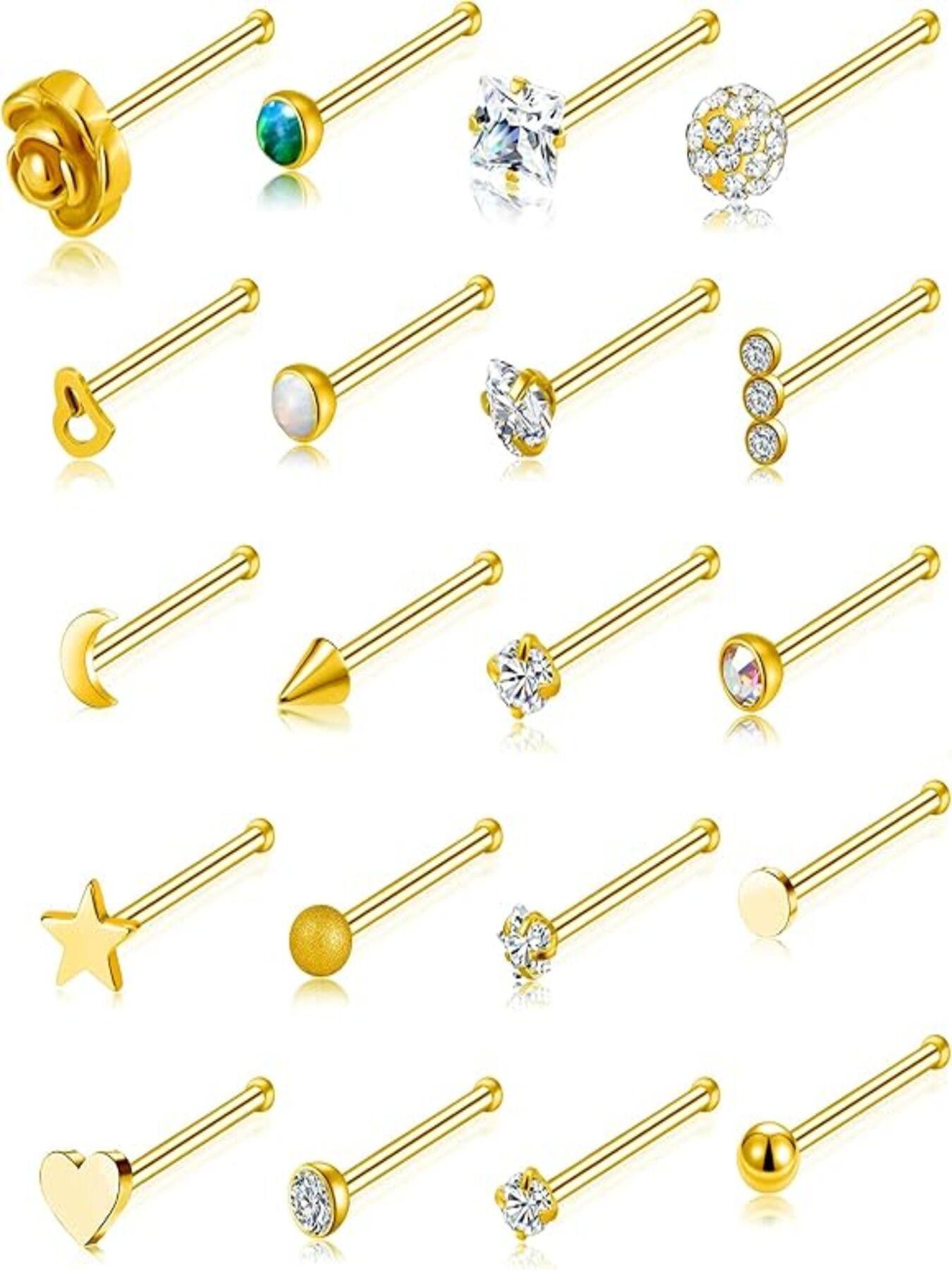 20 Pcs Nose Rings Trendy & Dazzling Style (Multiple Styles with Shiny Crystal Accents & Straight Bar-Shaped Design) for Women & Girls (Daily Wear, Parties & Piercing Styling)
