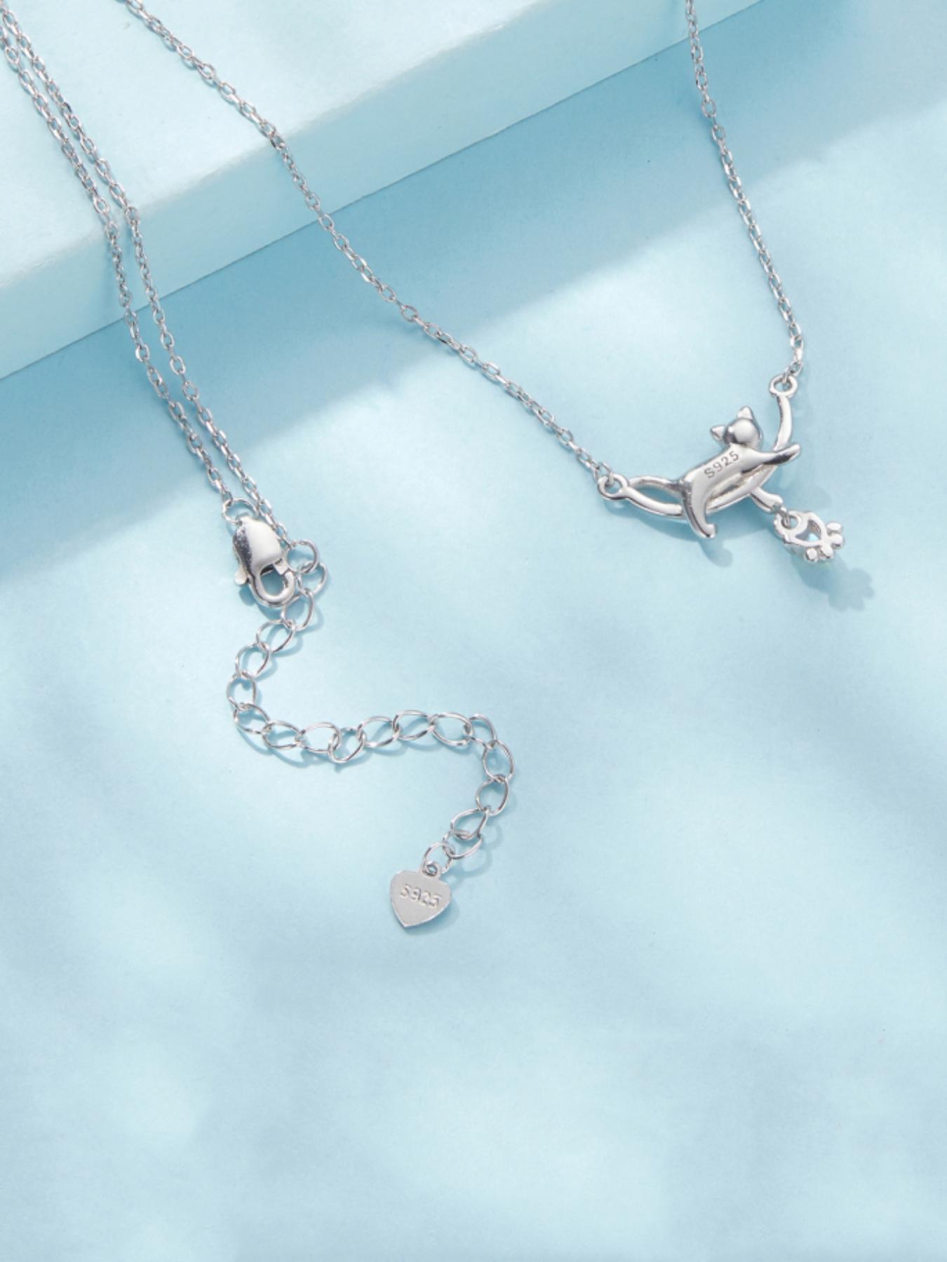 925 Sterling Silver Cute Cat Design Pendant Necklace for Women, Fashion Jewelry for Party, Daily Clothing Decor, Trendy All-match & Exquisite Jewelry for Birthday Gift