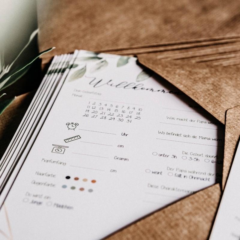 10 German Newborn Welcome Cards, Watercolor Leaf Baby Party Greeting Cards, Baby Birth Info Guessing Game, Interactive Paper