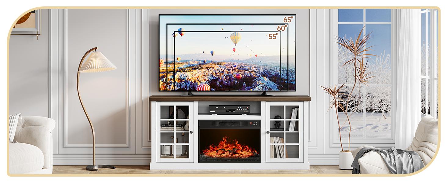 【SPRING GLOW UP】ONBRILL 59 Inch Fireplace TV Stand, Entertainment Center with 23 Inch Electric Fireplace, TV Table for TVs up to 65 Inches, Media Console Cabinet with Storage and Glass Doors for Living Room