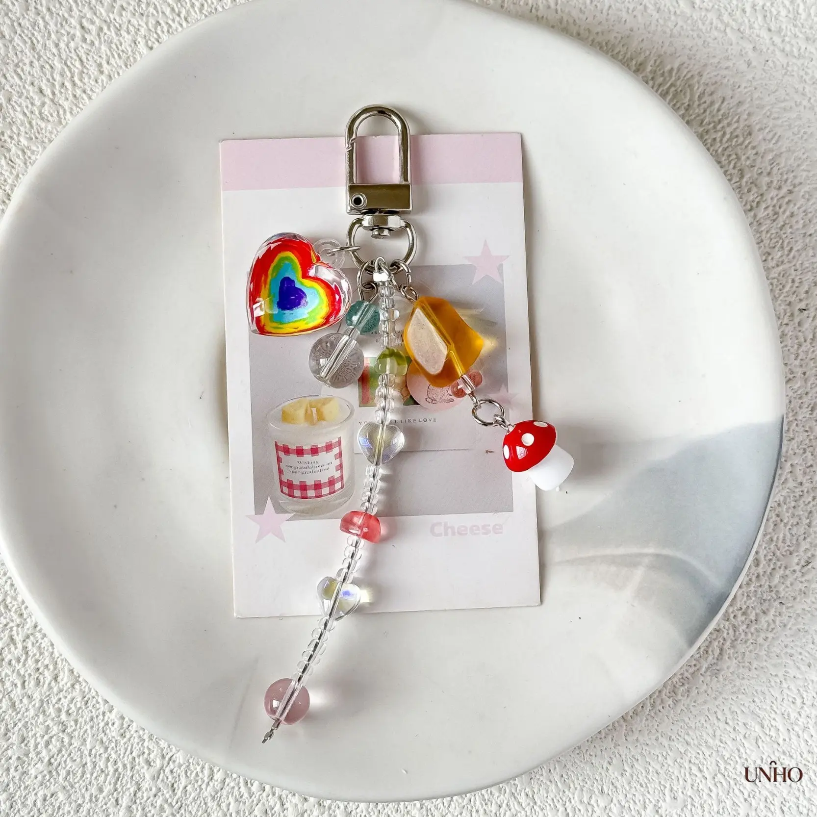 Dippling Cute Cartoon Mushroom Bag Pendant, Versatile Colorful Heart Keychain, Rainbow Beaded Decorative Mobile Phone Chain Ornament For Girls