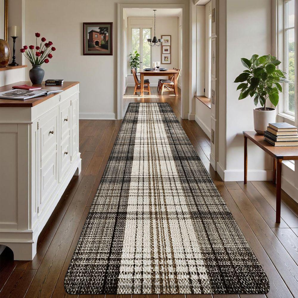 1PC， Spring Brown and White Plaid Fabric Patterned strip rugs, home décor, bathroom mats, entryway mats, bathroom non-slip mats, indoor entrance rugs, bedroom bedside mats, kitchen mats, hallway rugs, flannel sponge rugs, hallway runner rugs
