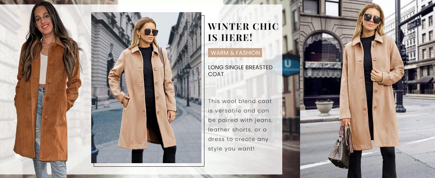 SCUSTY Womens Coat Overcoat Single Breasted Winter Coat Elegant Dress Coat with Pockets