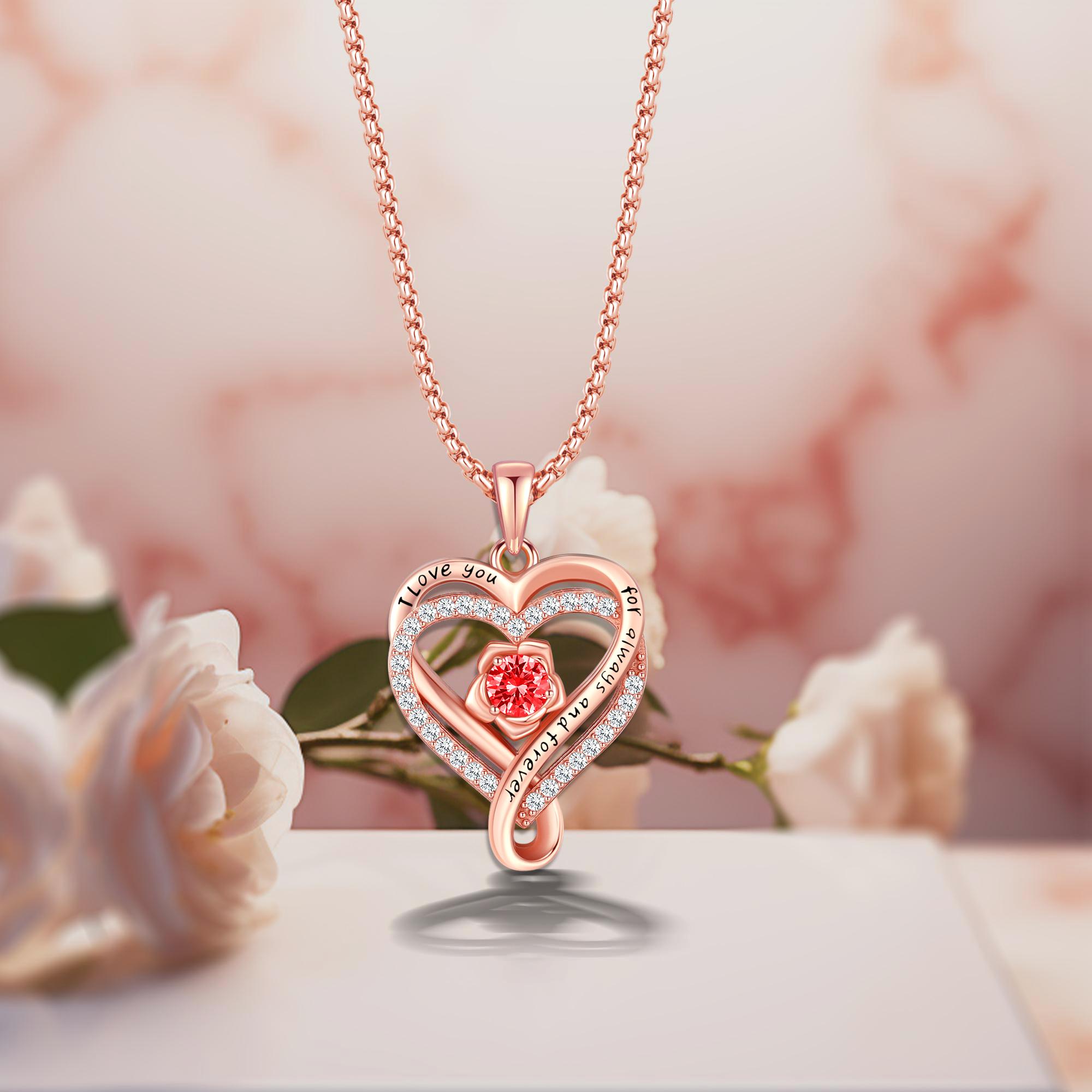 DRINSPER Elegant Birthstone Heart Necklace, Sparkly Rose Gold Heart Necklace, Trendy Necklace Fashion Matching Jewelry Accessories, Artificial Cubic Zirconia Decor, Cute Birthday Gift for Mom for Girlfriend for Women