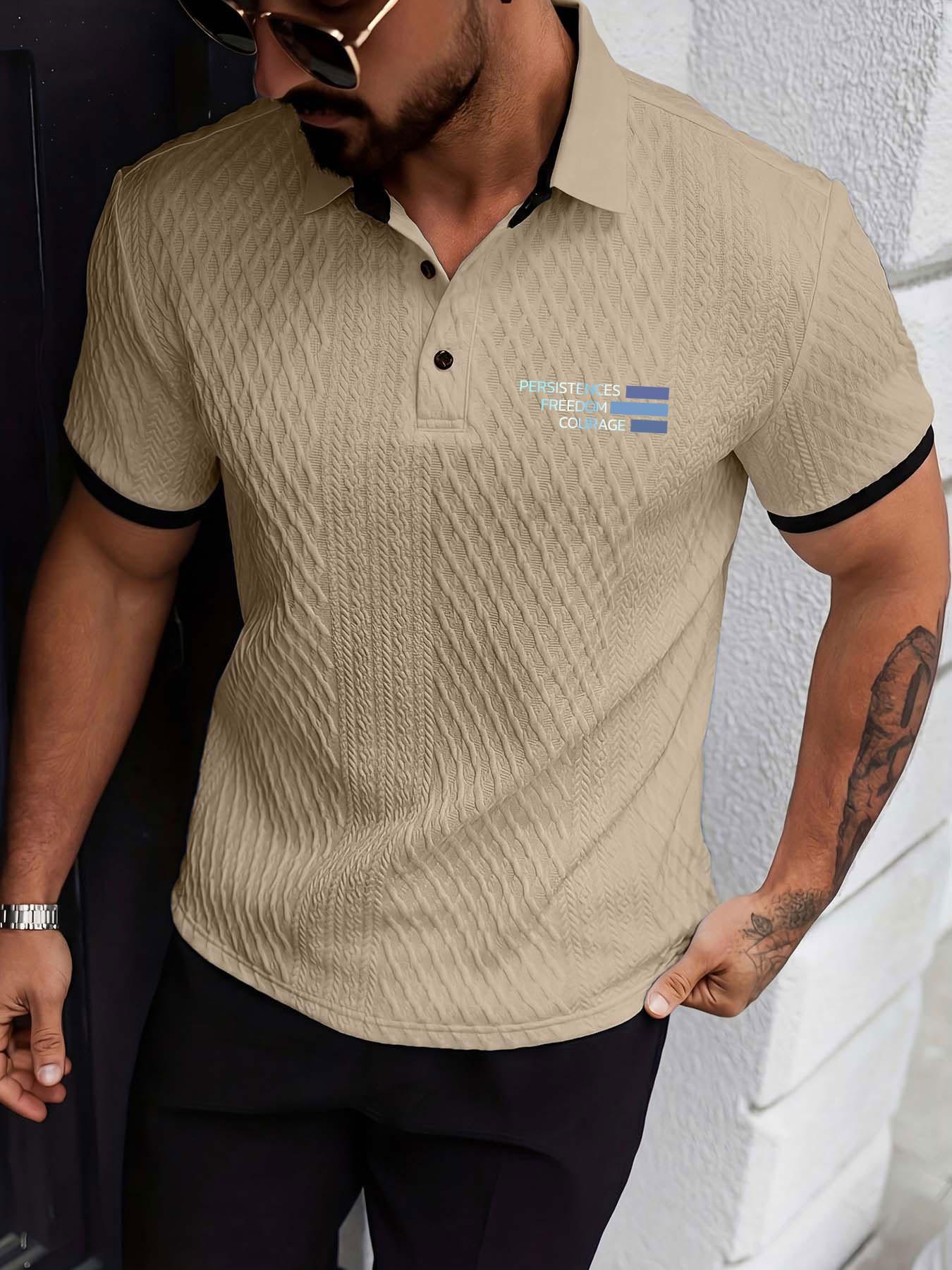 Men's Colorblock Polo Shirt with Textured Pattern, Button Short Sleeve, Geometric and Letter Print, Casual Daily Wear