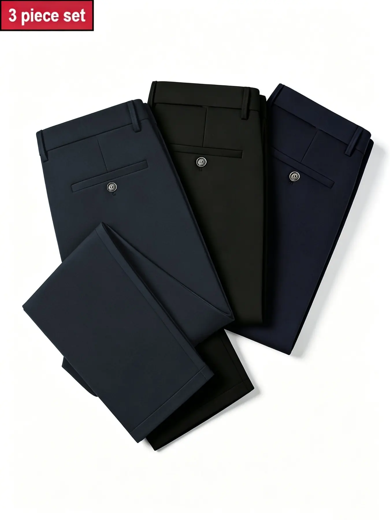 3-Pack Men's Loose Straight Leg Elastic Solid Business Pants, Wrinkle-Resistant Comfortable Dress Pants, Casual & Formal, Classy Casual Trousers, All Seasons