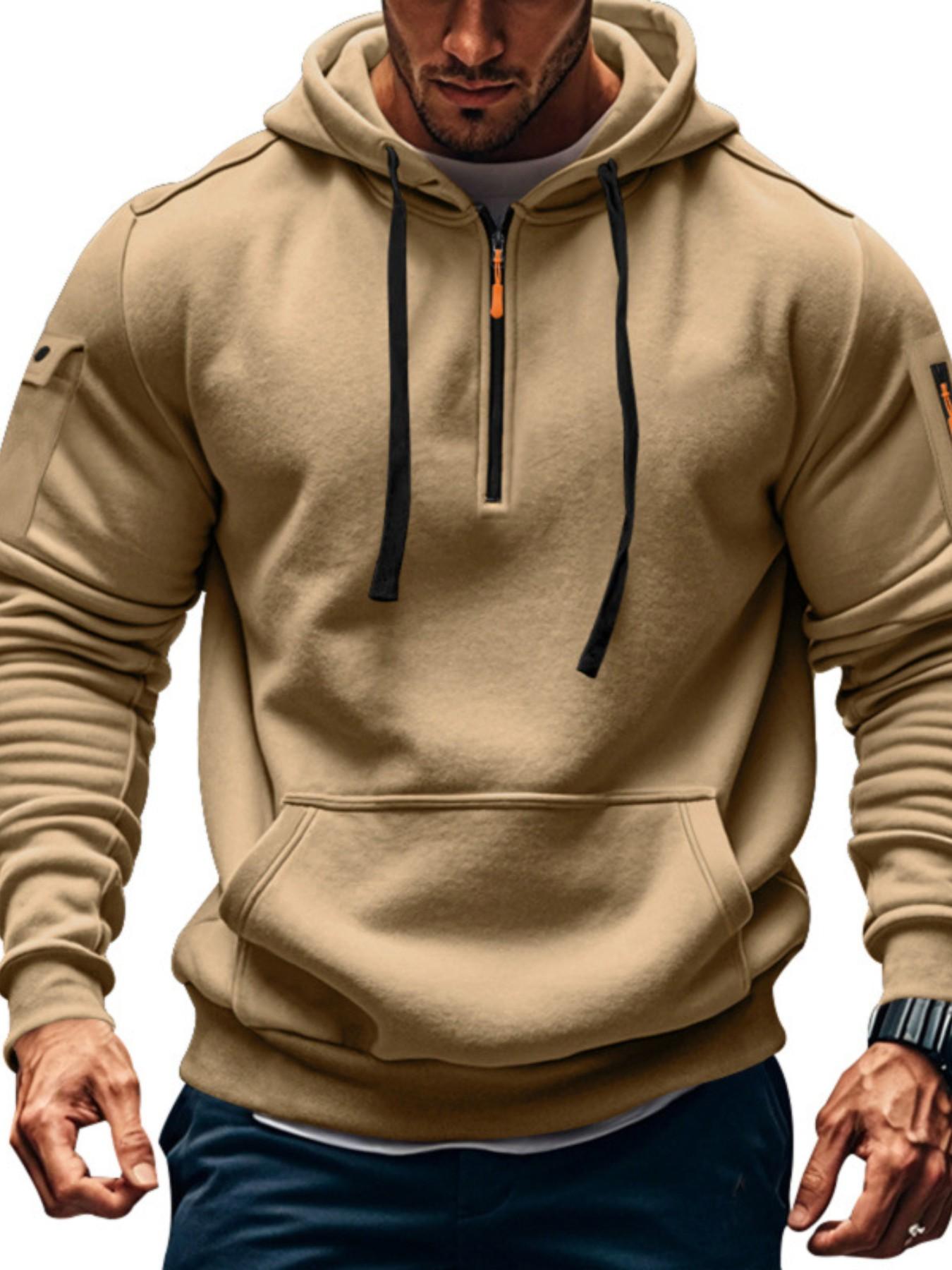 Men's Fall Winter Hooded Sweatshirt, Sporty Fitted Plaid Letter Print, Heavyweight Fleece Pullover, Casual Sports Outerwear