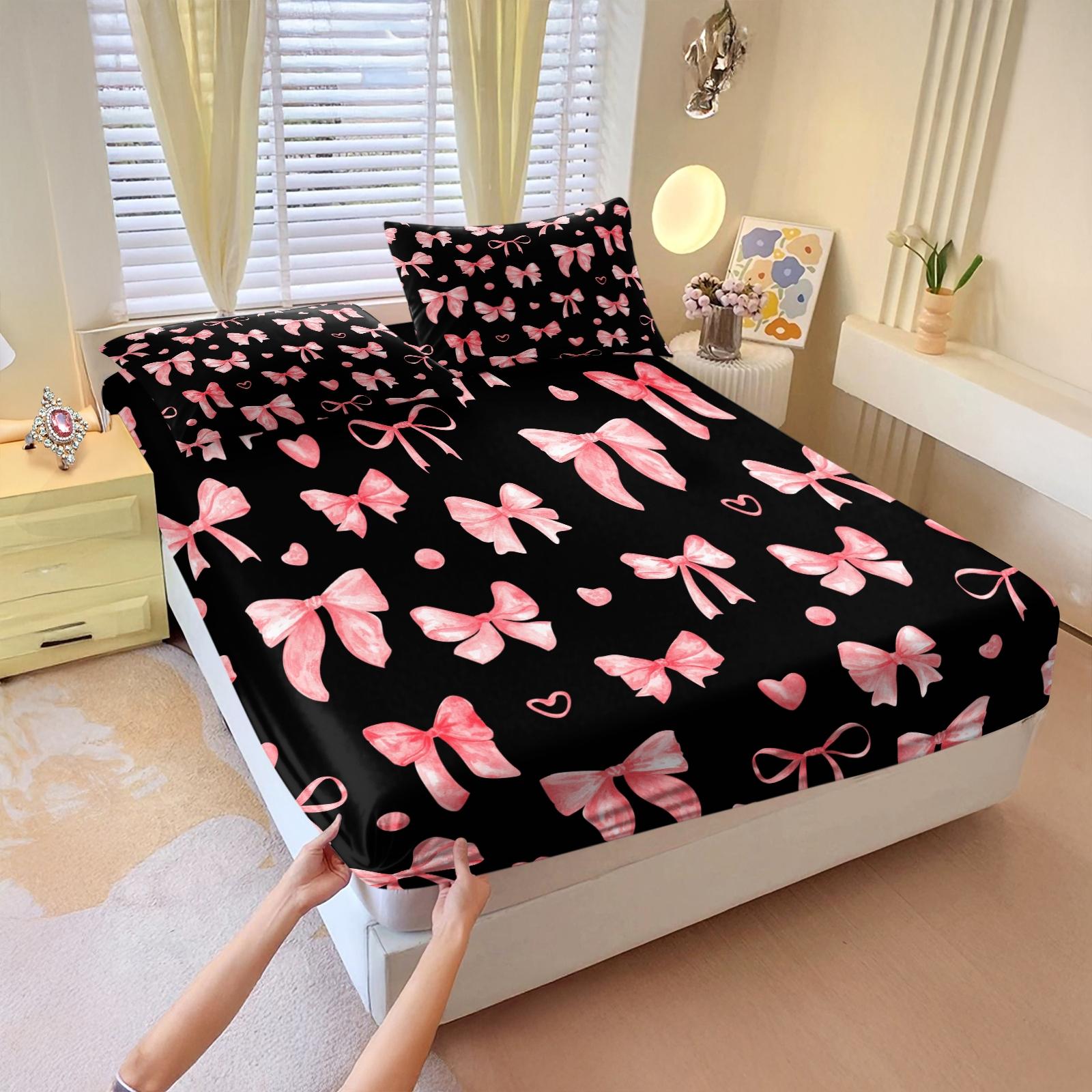 3Pcs Lovely Coquette Bow Printed Fitted Sheet Set, Sweet Y2K Style Bed Sheet Set, Soft Wrinkle-Resistant Microfiber, Vibrant Digital Print, Deep Pocket Design, Ideal for Girls Bedroom, Dorm & Guest Room All-Season Decor - No Filling