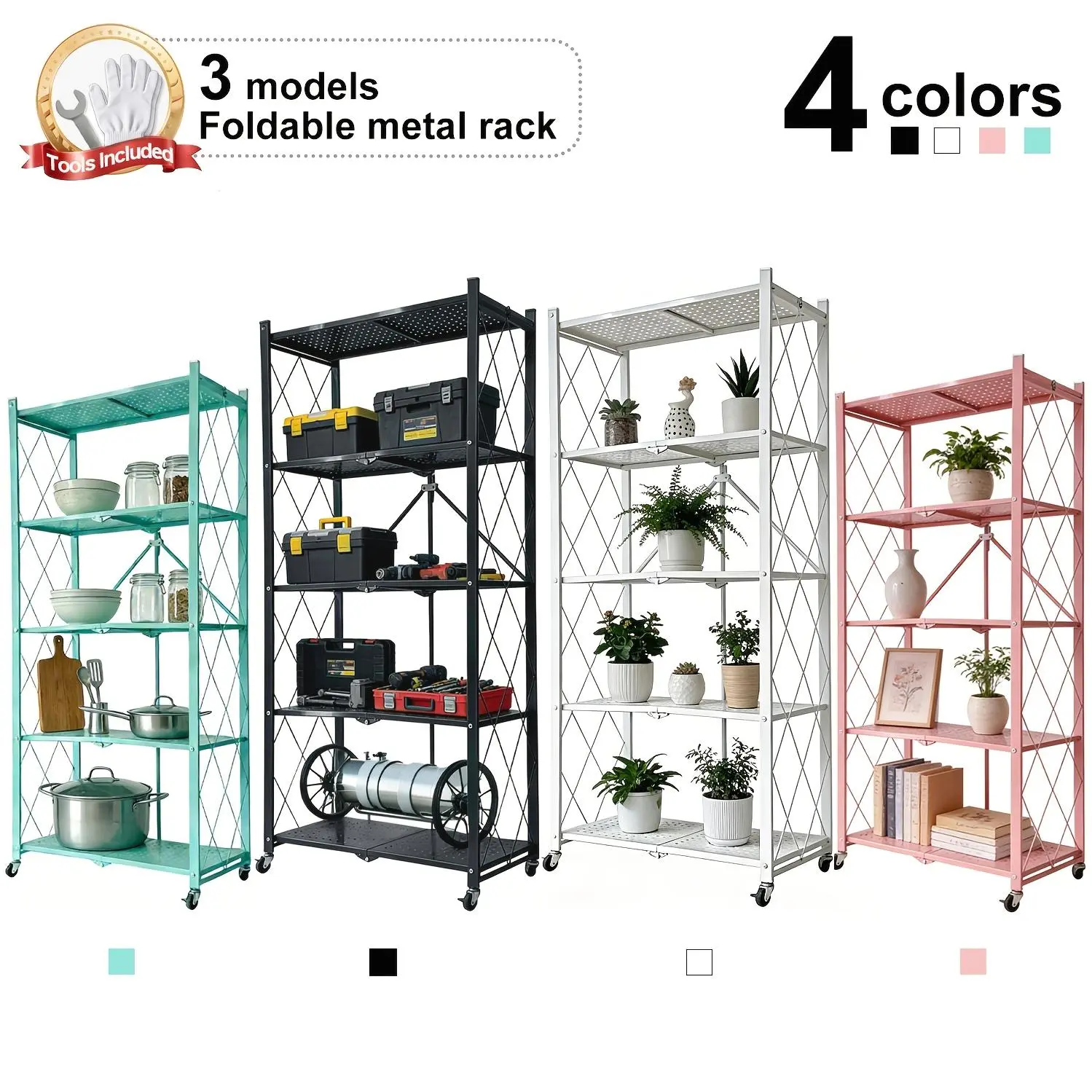 Folding Metal Frame Organiser Rack - No-Installation, Foldable Lockable Casters, Rectangular Multi-Functional Shelf for Garage Storage, Indoor&Outdoor Use