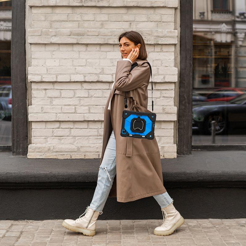 Military-Grade Shockproof Case for iPad (A16) 11th 2025 11" , Compatible with iPad Pro M5 2025 13-inch/ iPad Air / iPad Mini - Rotating Stand with Screen Protector, Pencil Holder & Shoulder Strap - Heavy Duty Drop-Proof Cover - Black+Blue Tablet Casing