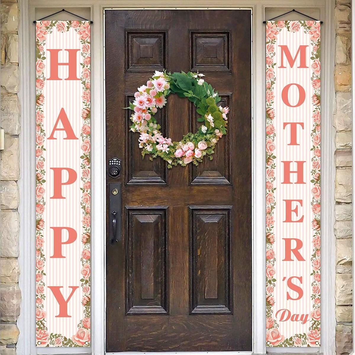 Mother's Day Porch Banner Rose Striped Outdoor Door Hanging Decoration Waterproof Durable 180x30cm, Perfect Gift for Moms