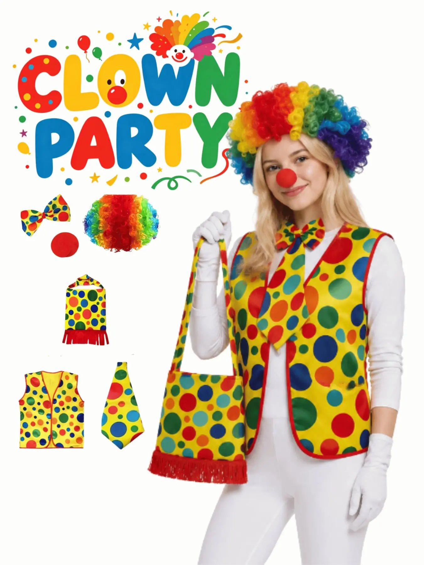 Adult & Kids Clown Costume Set, 6-Piece Includes Polka Dot Vest, Bow Tie, Nose, Rainbow Hairpiece, Perfect for Halloween, Circus, Carnival, Costumes with Accessories