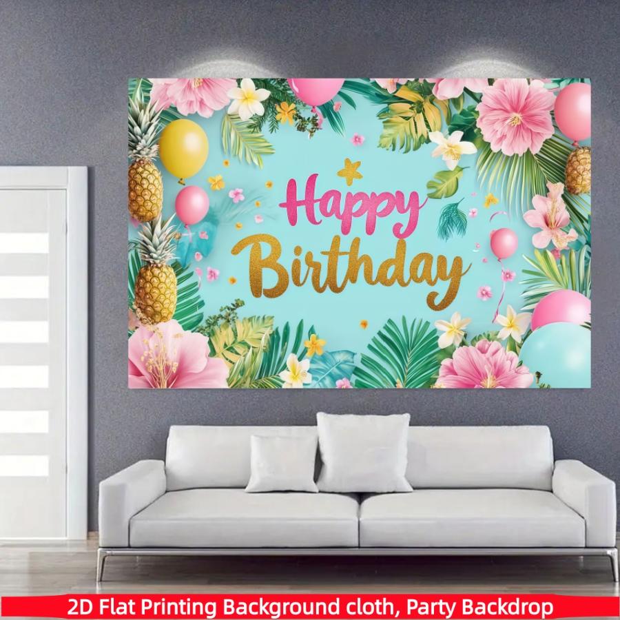 Hawaiian Birthday Party Backdrop Banner, Flamingo Palm Leaf Aloha Tropical Floral Theme, Polyester Material, Indoor Outdoor Party Decor