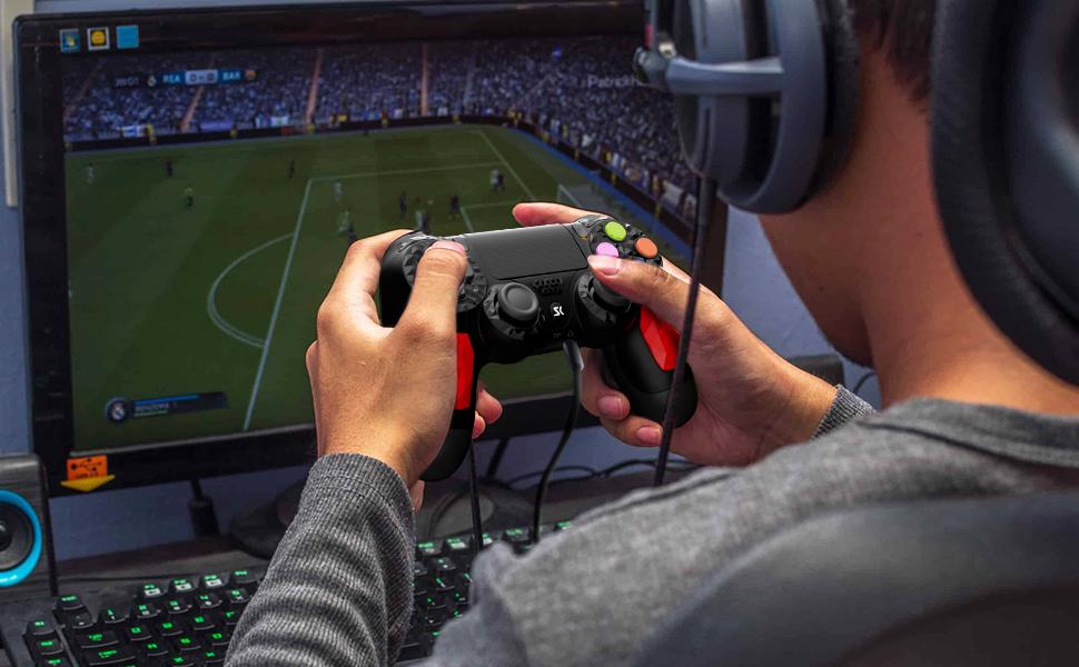 ISHAKO Wireless Game Controller For PS4/PS3/PC/Android/iOS, With Double Vibration, Six Axis Gyro, Touchpad, Built in speaker, Audio jack, Gamepad for PS4, Red PS413