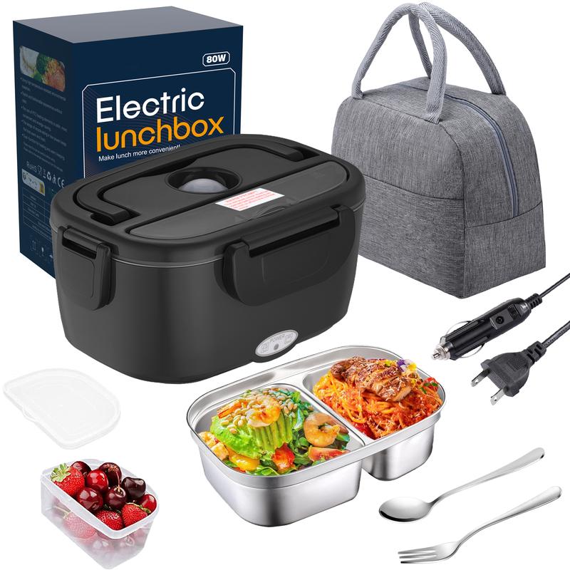 Nifogo Electric Lunch Box Food Heater for Adults, 12V/24V/110V Portable Heated Lunch Box with Fork & Spoon, Insulated Carry Bag - Springtok Tableware Warmer 80W/1.8L/Black+Black 80W/1.8L/Black+Black lunch box kids bento box 80W/1.5L/Black