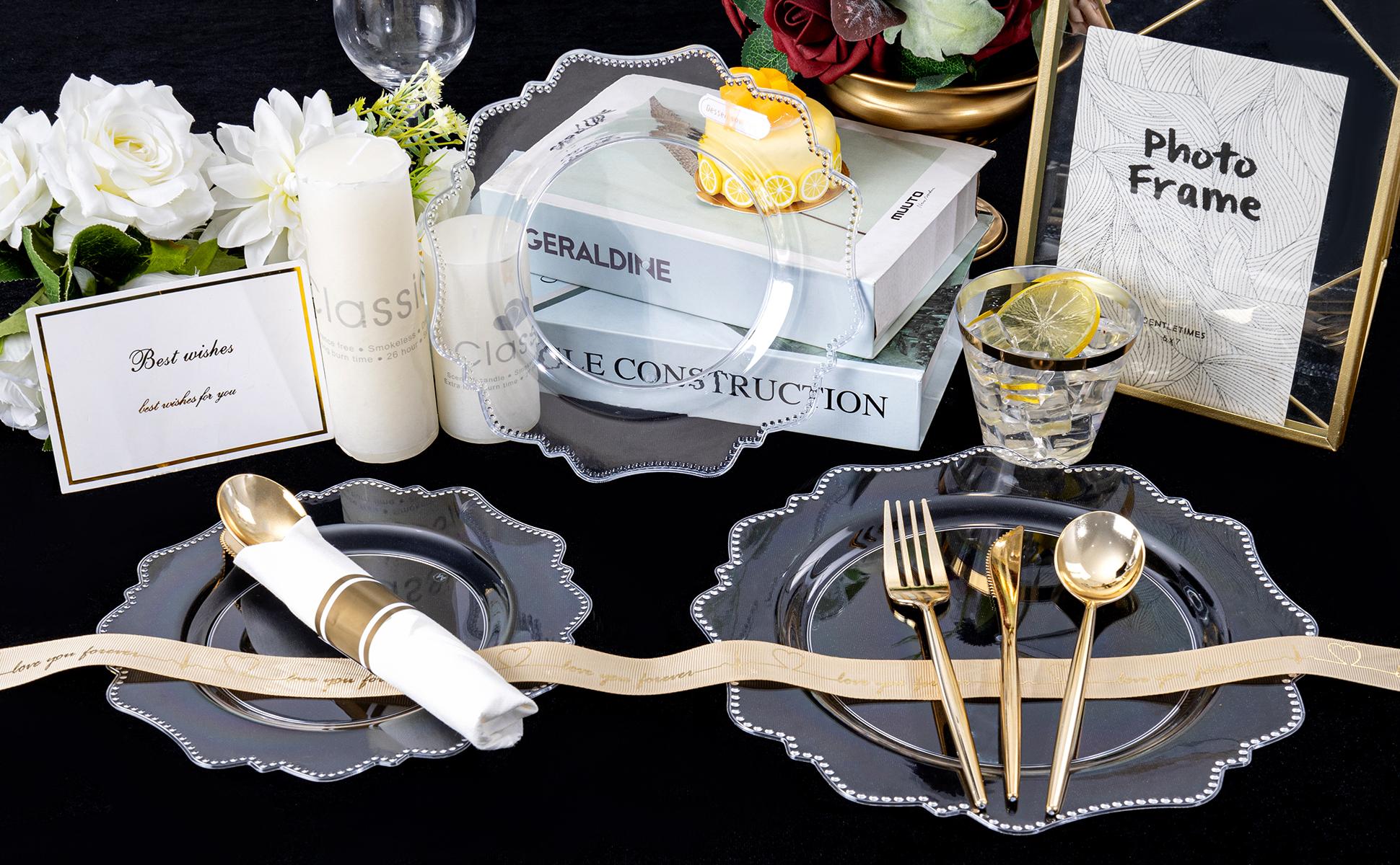 Silver/Gold/Clear/White/Blue Disposable Plates and Silverware Set: Dinner Plates,Dessert Plates, Cups,Napkins,Knife, forks, spoons-Perfect for Party