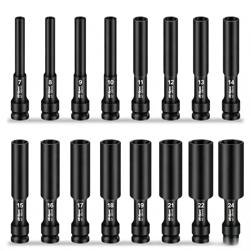 1/2 Inch Extended Thin Wall Impact Socket Set, 7-24mm Metric Deep Sockets, 128mm Super Long Socket, 50bv30 Chrome Vanadium Auto Repair Tools