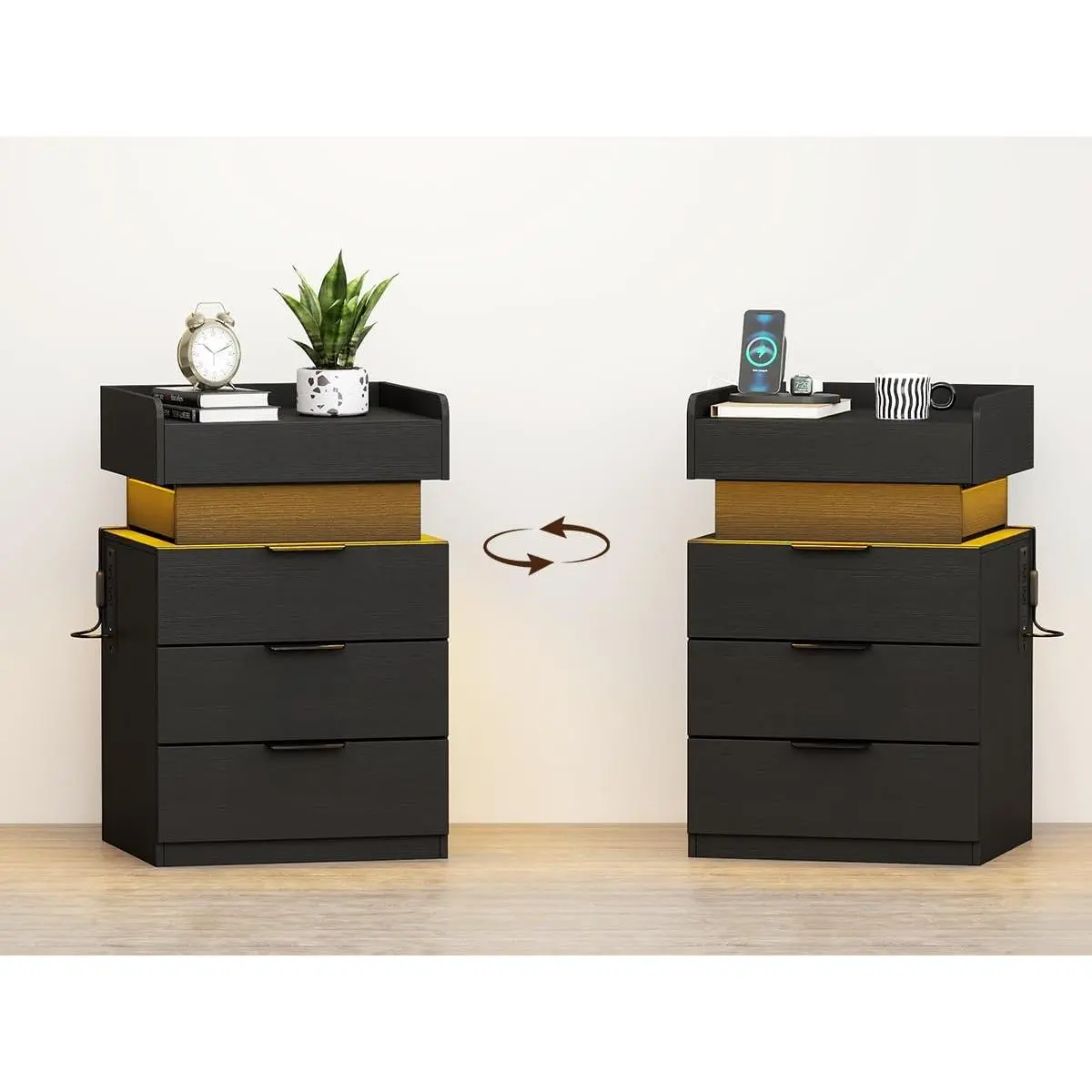 Black Nightstand Set 2 with Charging Station & Led Light, Lockable Hidden Drawer & Silding Top Night Stand, Black Wood Bedside Table with USB-C, USB Ports & Outlets for Bedroom