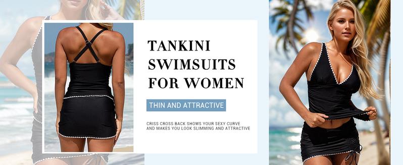 FISOEW Womens Tummy Control Tankini Swimsuits 2 Piece V Neck Criss Cross Drawstring Skort Bottom Bathing Suits Swimming Tankinisuit High Waist Swimwear