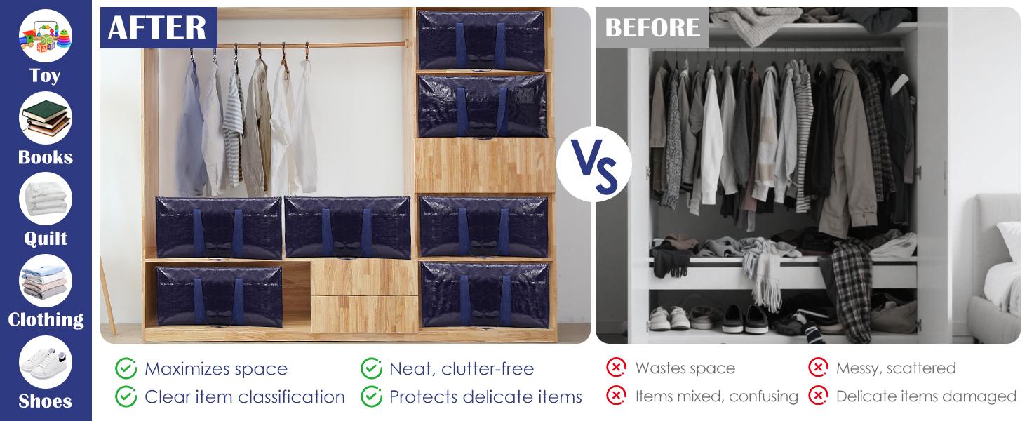 6 Pack Extra Large Heavy Duty Moving Bags with Reinforced Zipper & Wide Handles Moisture-Resistant Storage Bins Packing Cubes for Clothes College Dorm Travel and Home Organization Black Organiser