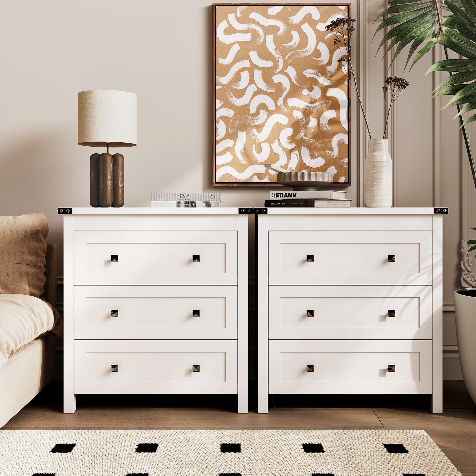 Dresser for Bedroom with 3 Drawers, Small Chests of Drawers, 27.55" Wide Farmhouse Wood Nightstand Bedside Cabinet Side End Table, Modern Closet Storage Organizer for Living Room, Entryway, Hallway, White